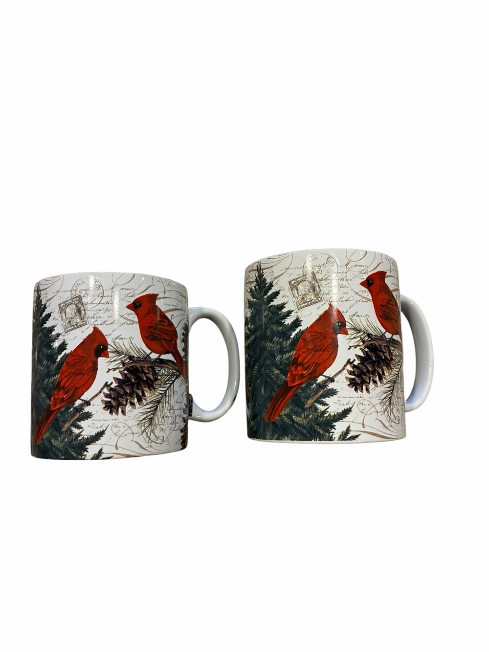 2 TOMMY BAHAMA Christmas Cardinals Letter Pinecone Pine Tree Large Coffee Mugs